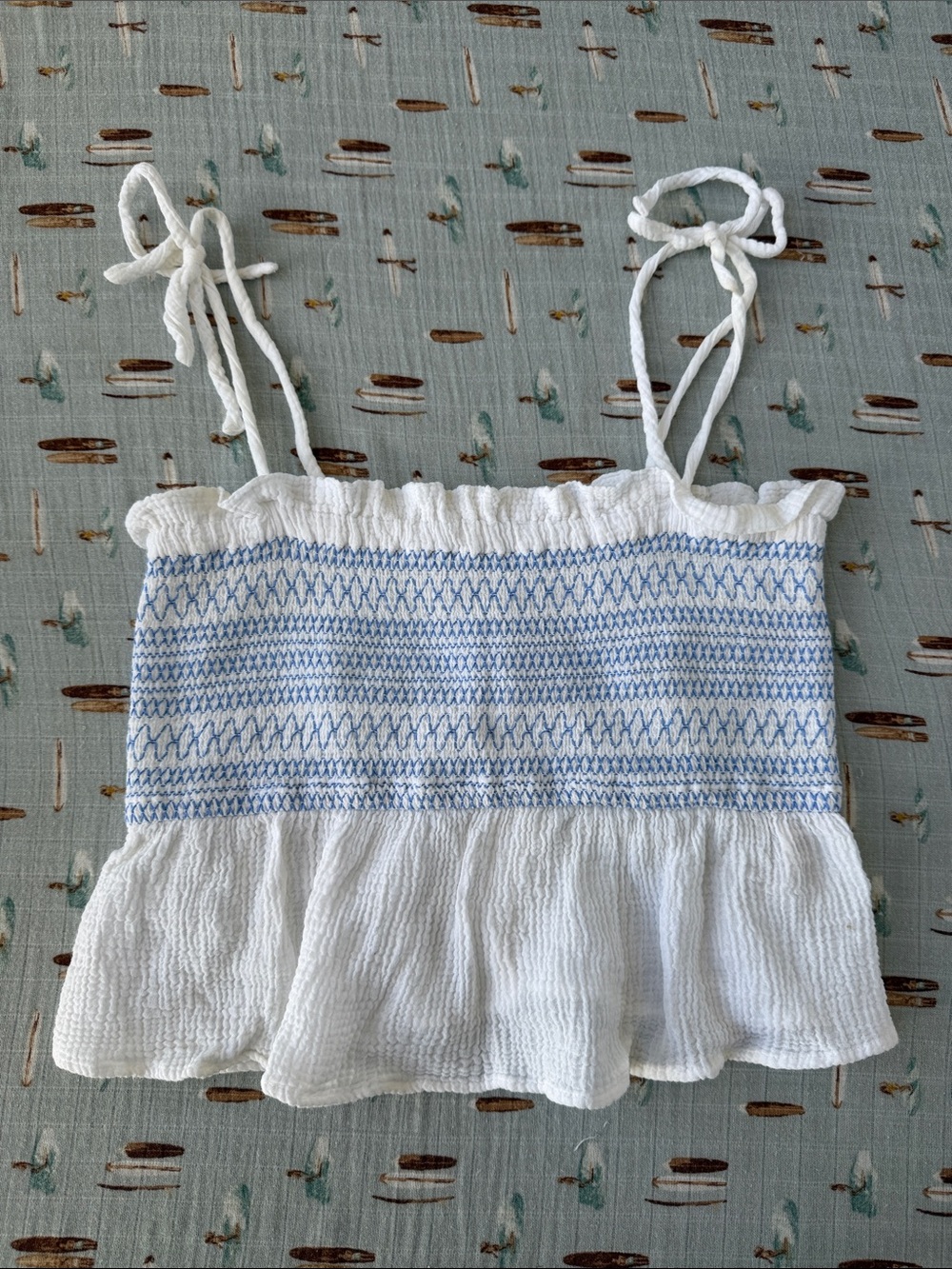 Free People 100% Cotton  Smocked White & Blue Tie-Strap Cropped Tank Top